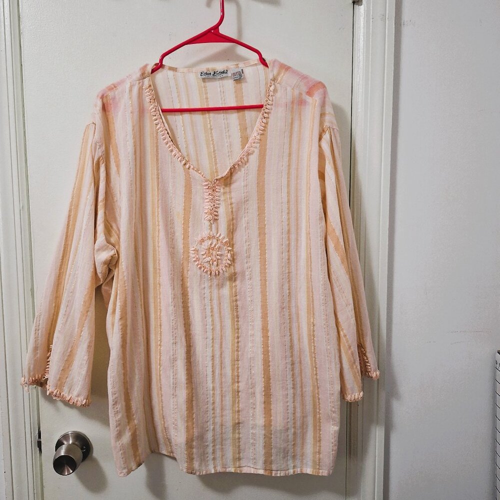 Erica Brooke Coral Beaded Medallion Striped Long Sleeve Top Size 26